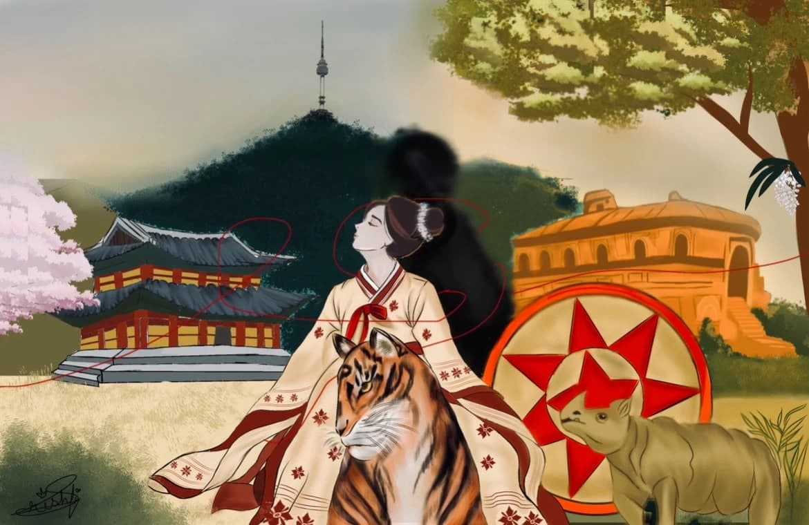 Winning art: a woman in hanbok with a tiger, a pagoda, N Seoul Tower and a rhino
